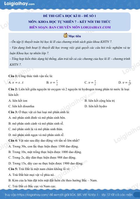 Đề thi giữa kì 2 KHTN 7 Kết nối tri thức - Đề số 1